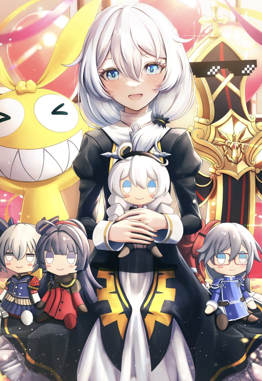 &gt;_&lt; 1girl :d absurdres balloon black_dress blue_eyes blue_jacket blue_skirt bronya_zaychik bronya_zaychik_(valkyrie_chariot) character_doll commentary_request dead_angels deal_with_it_(meme) dress frilled_dress frills fu_hua fu_hua_(valkyrie_accipiter) grey_hair grin hair_between_eyes hair_over_shoulder highres homu_(honkai_impact) honkai_(series) honkai_impact_3rd jacket juliet_sleeves kiana_kaslana kiana_kaslana_(valkyrie_ranger) long_hair long_sleeves meme murata_himeko murata_himeko_(battle_storm) open_mouth own_hands_together pleated_skirt puffy_sleeves raiden_mei raiden_mei_(valkyrie_bladestrike) red_dress revision sharp_teeth skirt smile stuffed_animal stuffed_toy teeth theresa_apocalypse theresa_apocalypse_(valkyrie_pledge)