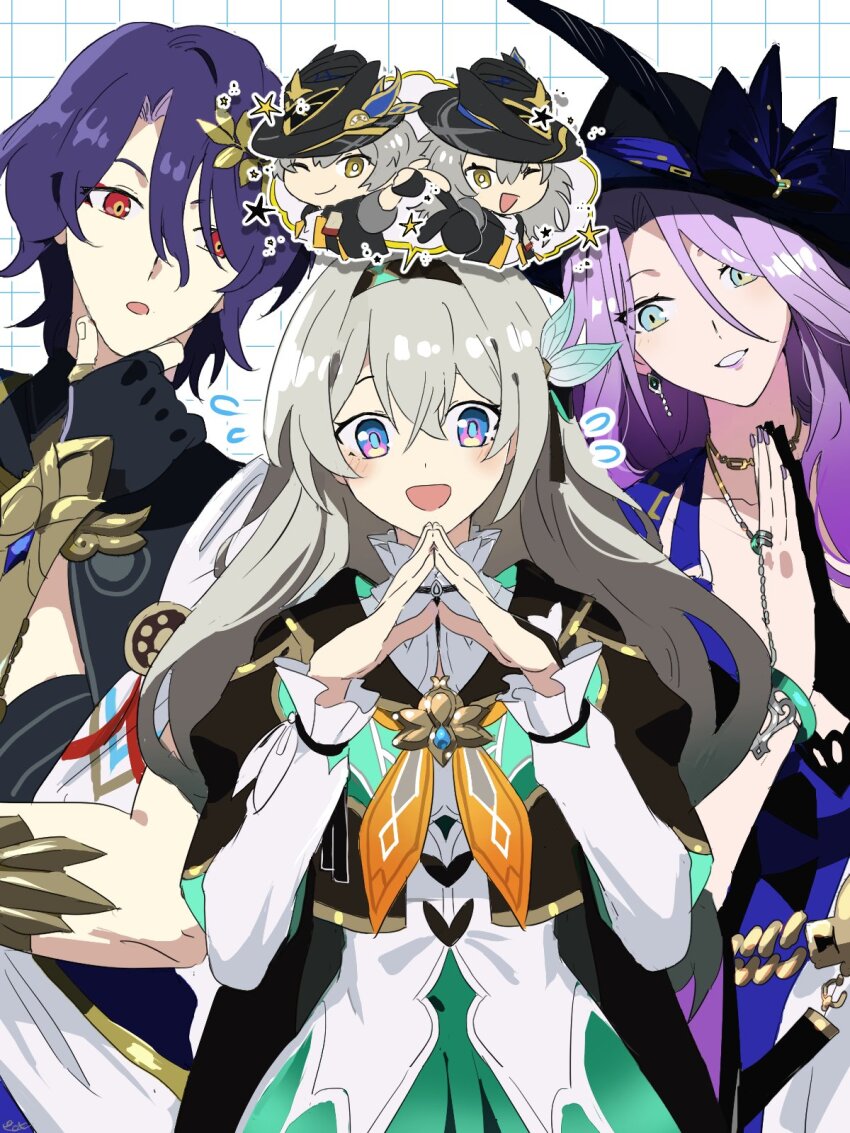 2boys 3girls black_coat black_hairband black_hat black_jacket blue_hair breasts caelus_(honkai:_star_rail) coat cropped_jacket dr._ratio_(honkai:_star_rail) firefly_(honkai:_star_rail) frilled_sleeves frills green_skirt grey_hair hair_between_eyes hair_ornament hairband hand_on_own_chin hat highres honkai:_star_rail honkai_(series) jacket jade_(honkai:_star_rail) large_hat long_hair long_sleeves medium_breasts multicolored_eyes multiple_boys multiple_girls neckerchief orange_neckerchief parted_bangs pirohi_(pirohi214) purple_hair red_eyes shirt short_hair skirt smile stelle_(honkai:_star_rail) trailblazer&#039;s_hat_(honkai:_star_rail) trailblazer_(honkai:_star_rail) two-tone_eyes upper_body white_shirt