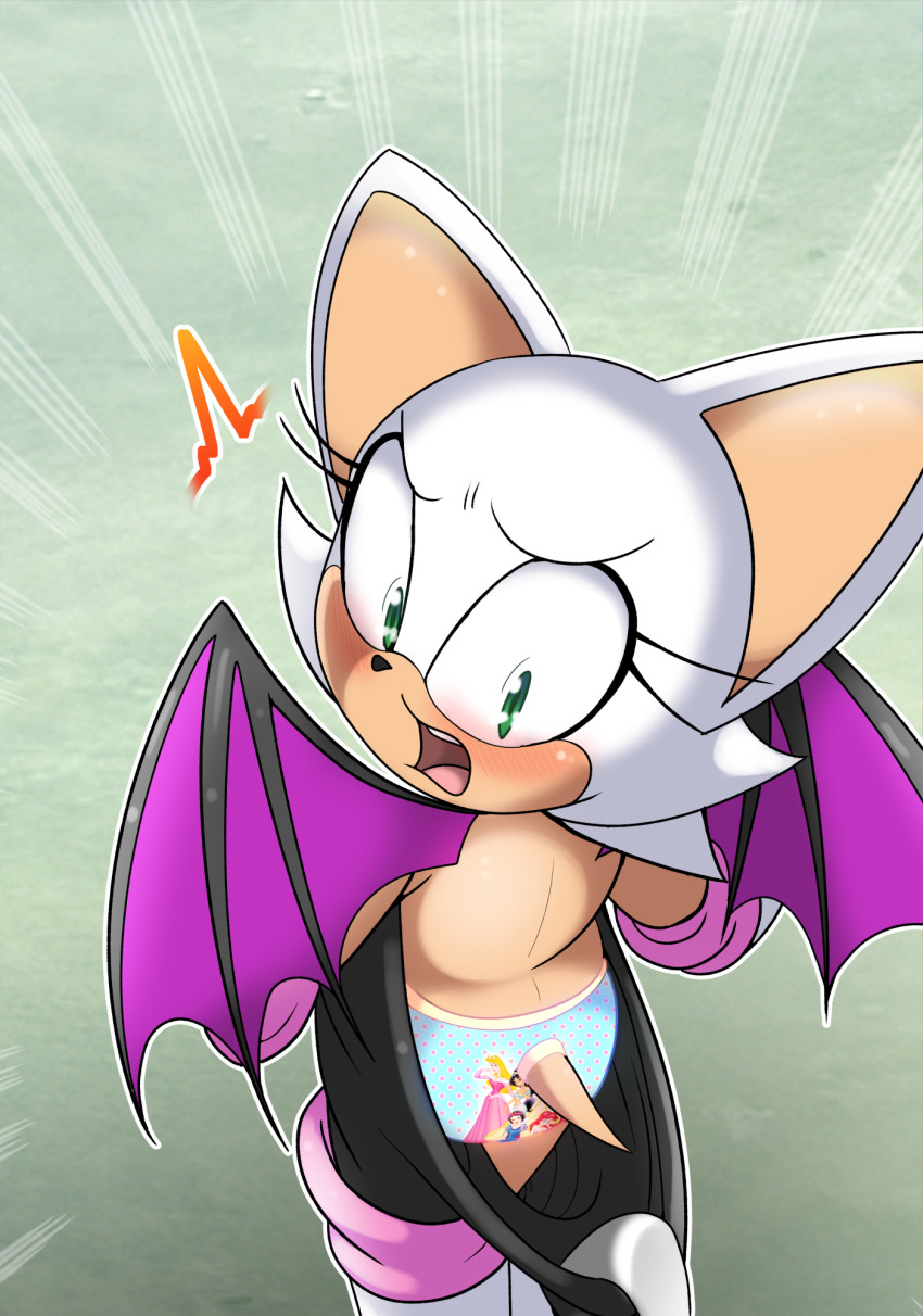 1girl armpits ass assisted_exposure back back-print_panties bat_wings black_bodysuit blue_panties blush bodysuit boots breasts collarbone disney elbow_gloves embarrassed euf-dreamer eyelashes female_focus from_behind furry furry_female gloves green_eyes highres hook indoors knee_boots leather legs medium_breasts motion_lines neck no_bra open_mouth panties print_panties pulling_another&#039;s_clothes rouge_the_bat shiny_clothes shiny_skin shoulder_blades skin_tight sonic_(series) tail thighs underwear white_footwear white_gloves wings