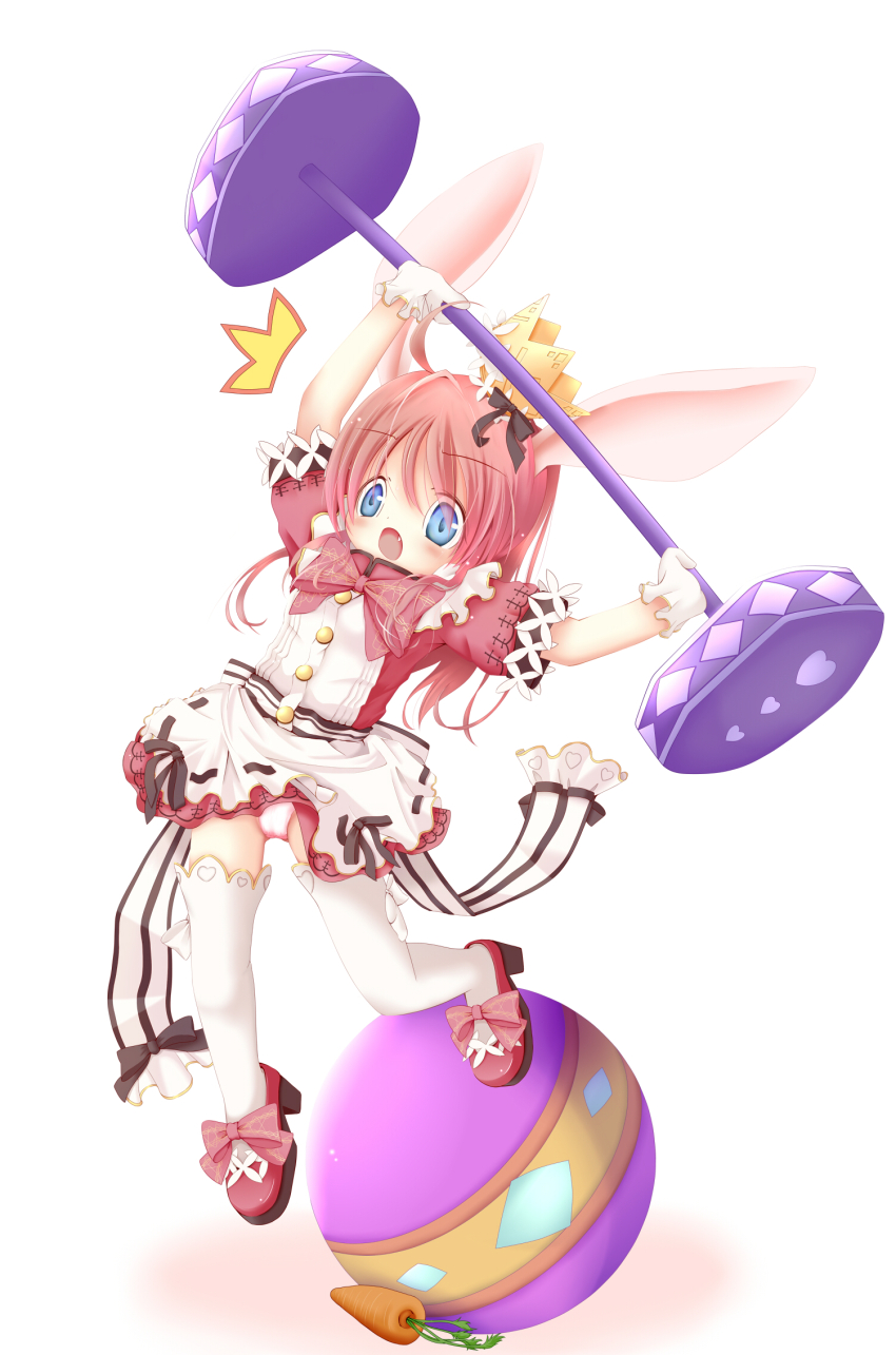 1girl animal_ears ball blue_eyes crown dress emil_chronicle_online footwear_ribbon frilled_dress frills highres minnie_doe_alma open_mouth pink_dress pink_hair pink_ribbon rabbit_ears rabbit_girl ribbon solo surprised thighhighs usanekohsacec white_thighhighs