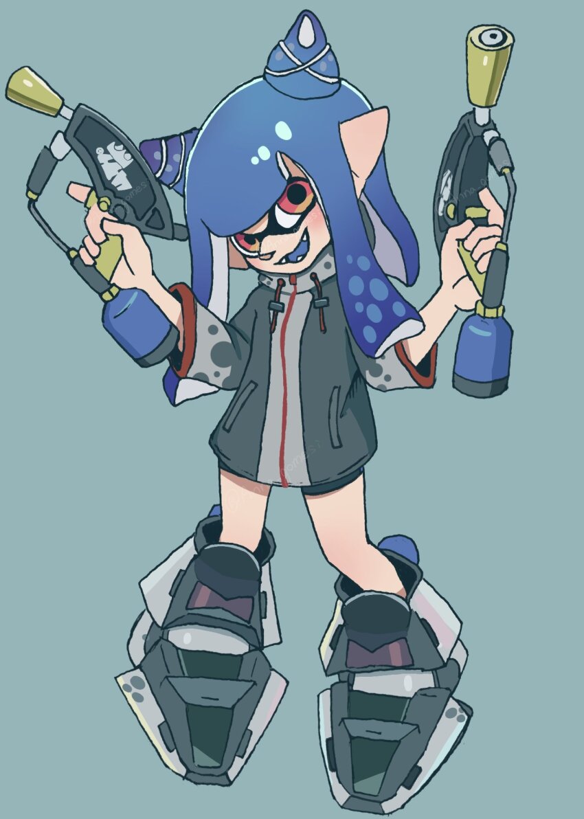 1girl anna_gomesi big_man_(splatoon) big_man_(splatoon)_(cosplay) blue_background blue_hair commentary_request cosplay dual_wielding full_body gun hair_horns hair_ornament highres holding holding_gun holding_weapon inkling inkling_girl inkling_player_character long_hair nintendo open_mouth pointy_ears red_eyes shoes simple_background smile solo splat_dualies_(splatoon) splatoon_(series) splatoon_3 teeth tentacle_hair weapon x_hair_ornament