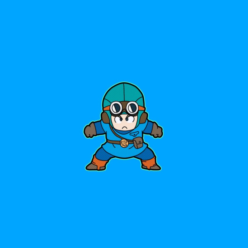 1boy aqua_hat aviator_cap belt belt_buckle blue_background blue_bodysuit blue_eyes blue_tunic bodysuit boots breast_pocket brown_boots brown_gloves buckle chankop chibi clenched_hands commentary_request dragon_quest dragon_quest_ii gloves goggles goggles_on_headwear hat highres looking_at_viewer male_focus pocket prince_of_lorasia roto&#039;s_emblem solo toriyama_akira_(style) tunic