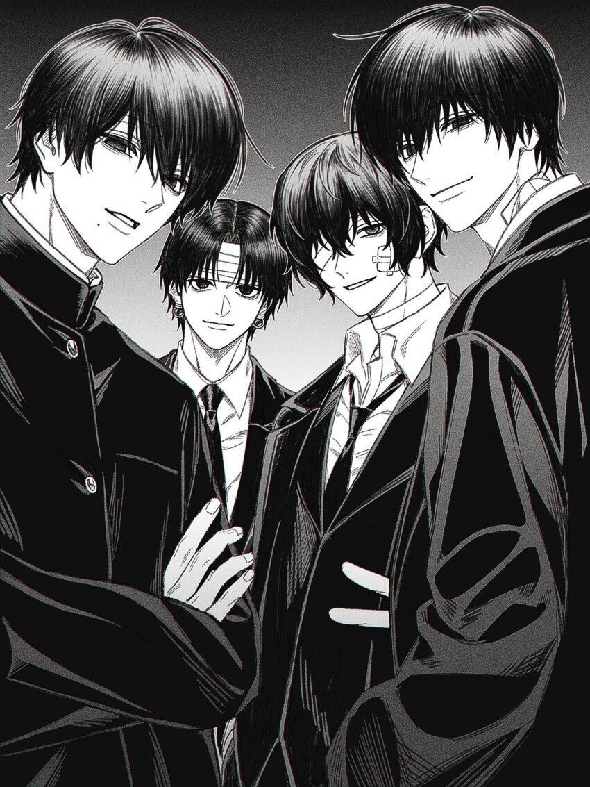 4boys bandaged_head bandages bungou_stray_dogs buttons chainsaw_man chrollo_lucilfer closed_mouth coat collared_jacket collared_shirt commentary_request crossed_arms dazai_osamu_(bungou_stray_dogs) empty_eyes fingernails formal_clothes gakuran gauze gauze_on_cheek gradient_background greyscale hair_between_eyes half-closed_eyes highres hunter_x_hunter jacket kuroiisana looking_at_viewer male_focus mole mole_under_mouth monochrome multiple_boys nagumo_(sakamoto_days) necktie one_eye_covered parted_bangs parted_lips sakamoto_days school_uniform shirt short_hair simple_background smile straight_hair suit upper_body v wavy_hair yoshida_hirofumi