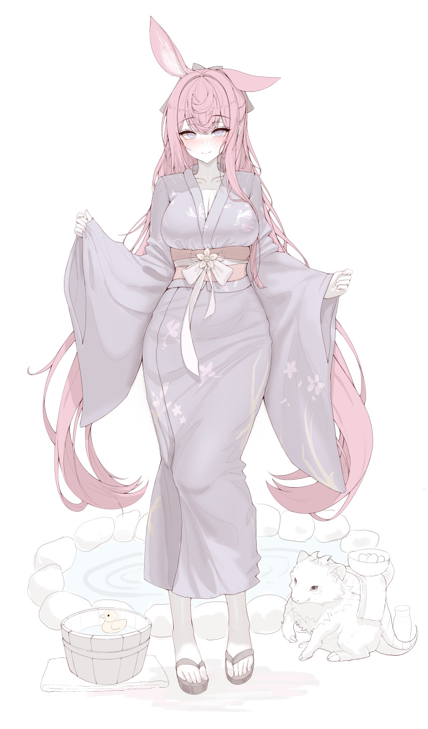 1girl absurdres animal_ears arknights bath blush breasts cleavage highres japanese_clothes kimono large_breasts lilac_(k32420276) long_hair purple_eyes purple_hair rabbit_ears ray_(arknights) rubber_duck sleeves_past_wrists smile wide_sleeves