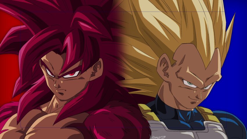 2boys armor blonde_hair blue_background blue_bodysuit body_fur bodysuit dragon_ball dragon_ball_daima green_eyes highres long_hair male_focus multiple_boys muscular muscular_male no_eyebrows red_background red_eyes red_fur red_hair saiyan_armor signature simple_background son_goku spiked_hair super_saiyan super_saiyan_3 super_saiyan_4 tometo175489 topless_male vegeta white_armor