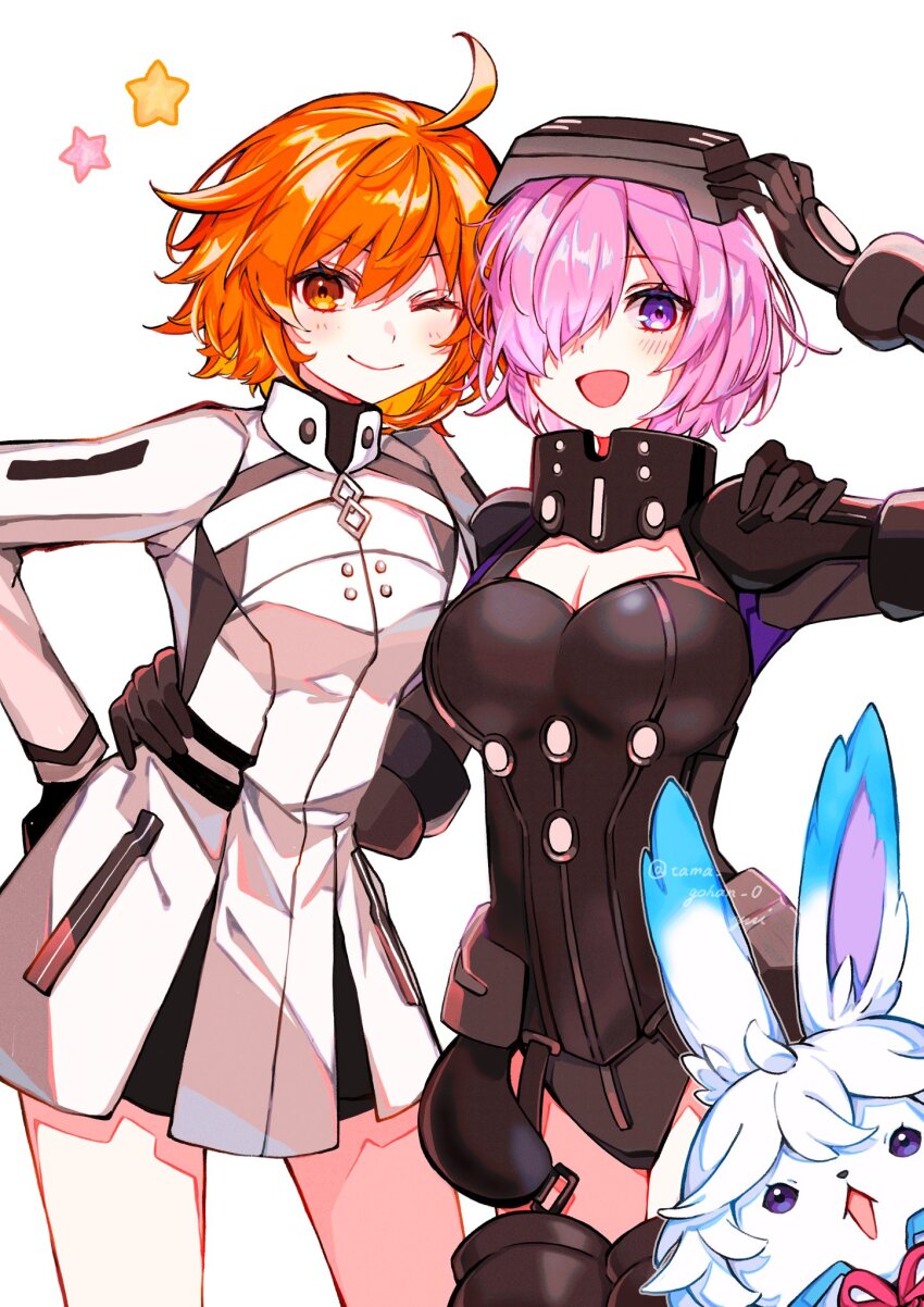 2girls ahoge armor armored_leotard black_armor black_gloves black_leotard breasts chaldea_logo chaldea_uniform creature dress fate/grand_order fate_(series) fou_(fate) fujimaru_ritsuka_(female) fujimaru_ritsuka_(female)_(decisive_battle_chaldea_uniform) gloves hair_between_eyes hair_over_one_eye hand_on_another&#039;s_shoulder hand_on_another&#039;s_waist head-mounted_display highres holding holding_shield jacket leotard long_sleeves looking_at_viewer mash_kyrielight mash_kyrielight_(ortenaus) multiple_girls official_alternate_costume one_eye_closed open_mouth orange_eyes orange_hair pink_hair purple_eyes shield short_hair smile thighhighs visor_lift white_dress white_jacket yui_(tamagohan)