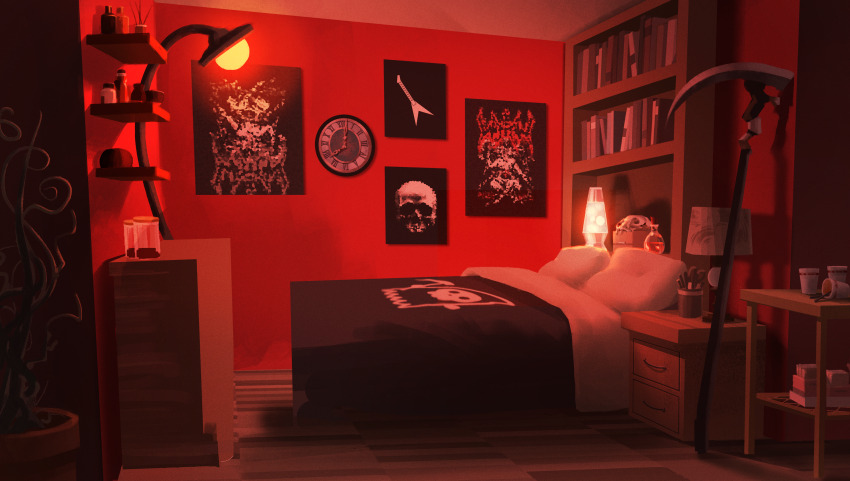 a_date_with_death absurdres analog_clock animal_skull bedroom blanket book bookshelf clock cup_ramen desk_lamp drop_shadow ghost_print highres indoors jar lamp lava_lamp nightstand no_humans non-web_source official_art plant poster_(object) potted_plant scenery scythe shelf table variant_set weapon_against_wall wooden_floor