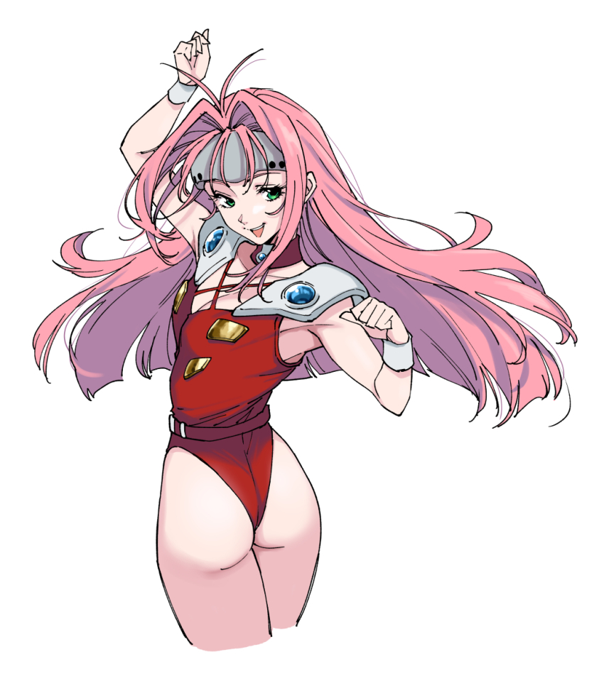 1girl ass commentary_request cropped_legs green_eyes hair_intakes highres leotard long_hair looking_at_viewer looking_back macross macross_7 mylene_jenius pink_hair red_leotard shouji_nigou simple_background smile solo white_background