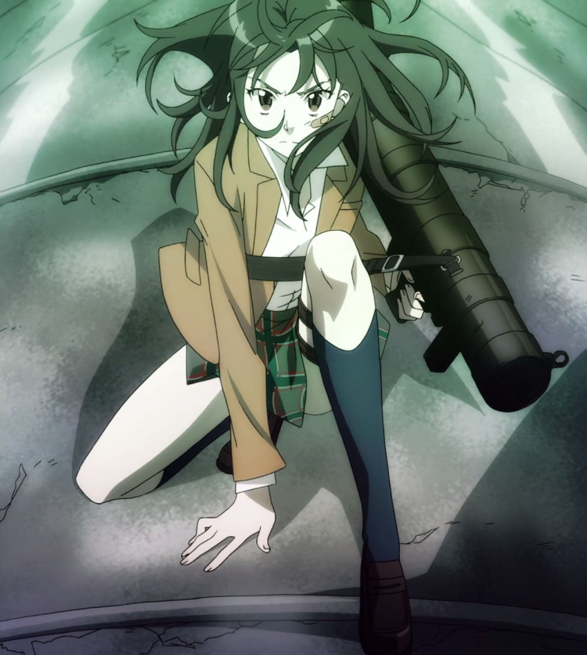 1girl anime_screenshot bandaid black_hair blazer blue_socks brown_eyes carl_gustaf_recoilless_rifle coppelion electronic_firearm female_focus floating_hair from_above highres jacket kneehighs kneeling loafers long_hair long_legs looking_at_viewer looking_up m1_bazooka miniskirt naruse_ibara pale_skin plaid_clothes plaid_skirt pleated_skirt rocket_launcher school_uniform shoes skirt socks solo weapon