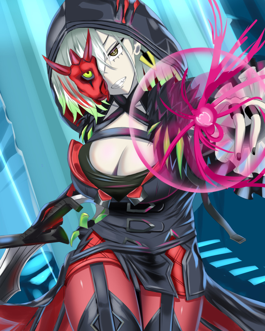 1girl absurdres black_coat black_nails breasts cleavage clenched_teeth coat collarbone dagger diabellstar_the_black_witch duel_monster earrings garter_straps ghostrider_(ghost_and_rider) grey_eyes grey_hair half_mask highres holding holding_dagger holding_knife holding_weapon hood jewelry knife large_breasts mask ring solo teeth weapon yu-gi-oh!