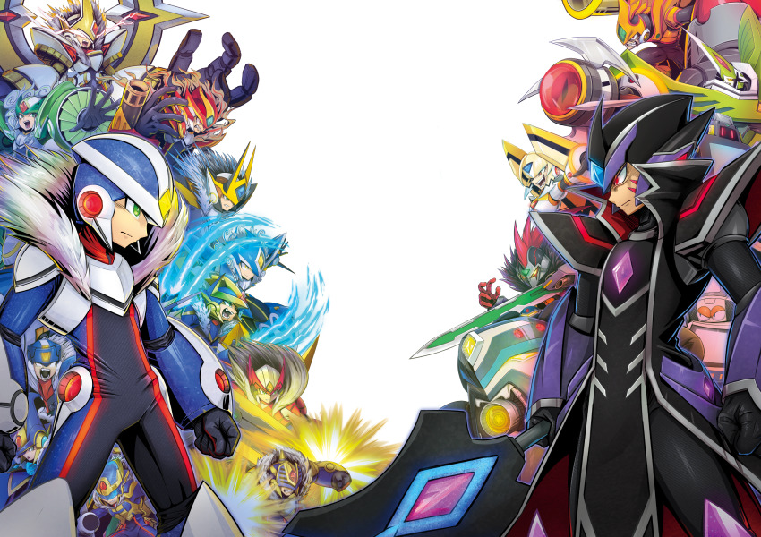 1girl 6+boys absurdres arcade_man_(mega_man) armor black_bodysuit black_coat black_helmet blu_d_(mega_man) blue_helmet bodysuit character_request coat cowboy_shot facial_mark forehead_jewel fur_trim green_eyes helmet highres holding holding_sword holding_weapon male_focus mega_man_(series) multiple_boys multiple_persona nero_l_(mega_man) oro_s over-10_(mega_man) over-1_(mega_man) over-2_spec2_(mega_man) over-3_spec2_(mega_man) over-4_spec2_(mega_man) over-5_spec2_(mega_man) over-6_(mega_man) over-7_(mega_man) over-8_(mega_man) over-9_(mega_man) over-d_(mega_man) over-z_(mega_man) red_eyes rockman_xover rosso_m_(mega_man) saikoraru shoulder_armor simple_background sword verde_r_(mega_man) weapon white_background