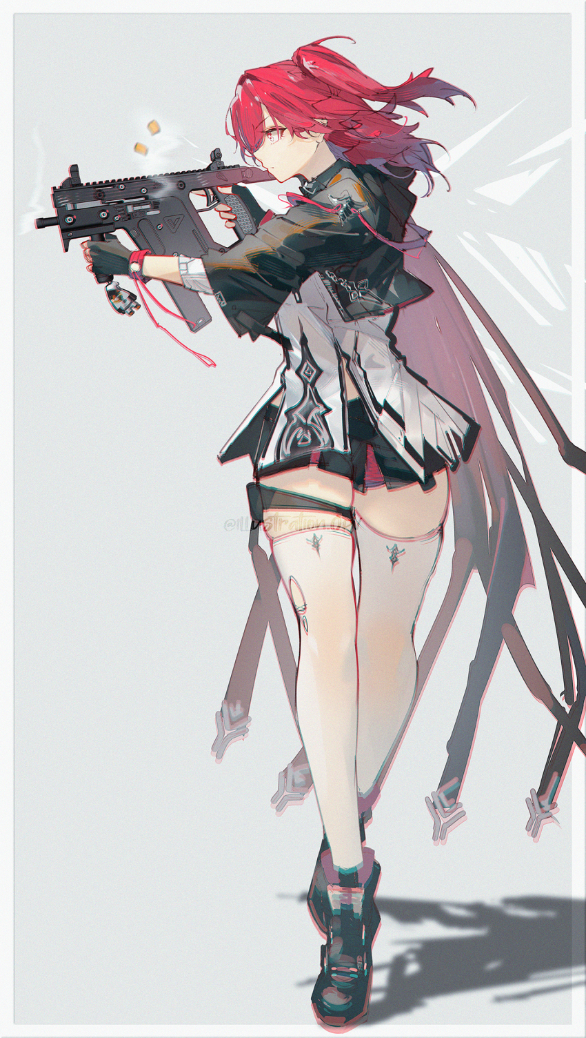 1girl aiming animal_charm arknights black_gloves black_jacket black_shoes black_shorts border casing_ejection chromatic_aberration commentary cropped_jacket dress emperor_(arknights) energy_wings exusiai_(arknights) exusiai_the_new_covenant_(arknights) film_grain fingerless_gloves firing full_body gloves grey_background gun highres jacket kriss_vector looking_to_the_side medium_hair midriff_peek no_halo one_side_up openvl parted_bangs profile red_hair reflex_sight shell_casing shoes short_shorts shorts sidelocks skindentation solo submachine_gun thigh_strap thighhighs thighs three-quarter_sleeves torn_clothes torn_thighhighs trigger_discipline vertical_foregrip watermark weapon white_border white_dress white_thighhighs