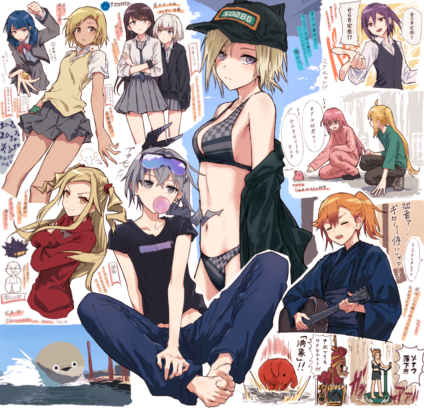 6+girls acoustic_guitar ahoge alternate_costume animal animalization bang_dream! bang_dream!_it&#039;s_mygo!!!!! bare_shoulders barefoot baseball_cap bikini black_bikini black_cardigan black_hat black_jacket black_sash black_shirt blonde_hair blowing_bubble_gum blue_hair blue_kimono blue_pants blunt_bangs blur_censor bocchi_the_rock! breasts bullfalk cardigan censored censored_text chewing_gum collared_shirt commentary_request dark-skinned_female dark_skin dress_shirt drill_hair dual_persona elephant gen_8_pokemon gotoh_hitori gotoh_hitori_(octopus) grey_hair grey_jacket grey_skirt guitar hair_between_eyes hat highres holding_button honkai:_star_rail honkai_(series) ijichi_nijika instrument jacket jacket_partially_removed japanese_clothes kaname_raana kimono long_hair long_sleeves loose_necktie love_live! love_live!_nijigasaki_high_school_idol_club love_live!_superstar!! medium_breasts mia_taylor midriff_peek miniskirt multiple_girls music navel necktie nintendo one_side_up open_clothes open_jacket orange_hair oversized_animal pants person_and_animalization pincurchin pink_hair playing_guitar playing_instrument pleated_skirt pokemon pokemon_(creature) ponytail ponytail_with_braided_base purple_eyes purple_hair red_eyes sacabambaspis safety_glasses sash school_uniform seishou_music_academy_uniform seta_kaoru shade shibuya_kanon shiina_taki shirt short_hair short_sleeves side_drill side_ponytail silver_wolf_(honkai:_star_rail) single_drill skirt speech_bubble standing stomach sweater_vest swimsuit toes translation_request tsuyuzaki_mahiru two_side_up umbrella_octopus white_shirt yellow_sweater_vest yukata