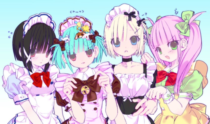4girls apron aqua_hair bell black_choker black_hair blonde_hair blue_eyes blunt_bangs bow brown_bow choker dress ear_piercing fanged_bangs green_bow green_eyes hair_bow hair_ornament hair_ribbon highres hikimayu looking_at_viewer maid maid_headdress mole mole_under_eye multiple_girls open_mouth original piercing pink_hair puffy_short_sleeves puffy_sleeves red_bow red_eyes ribbon short_hair short_sleeves susushi_11 swept_bangs tongue tongue_out twintails
