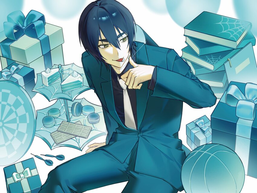 1boy arm_support arm_up ball balloon basketball_(object) black_hair black_shirt blue_pants blue_suit book book_stack box brown_eyes cake cake_slice candy chocolate chocolate_bar collared_shirt commentary dart dartboard food formal_clothes gift gift_box gisegoodgise hair_between_eyes hanamiya_makoto highres icing jacket korean_commentary kuroko_no_basuke layered_sleeves licking_lips long_sleeves looking_to_the_side macaron male_focus necktie pants ribbon shirt sideways_glance solo spider_web_print suit suit_jacket tongue tongue_out white_necktie