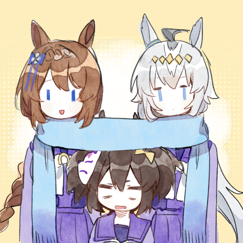 3girls :d ahoge animal_ears blue_eyes bow bowtie braid braided_ponytail brown_hair commentary double-parted_bangs fang fox_mask grey_hair hair_between_eyes headpiece height_difference height_envy horse_ears horseshoe_ornament inari_one_(umamusume) long_hair long_sleeves mask mask_on_head multicolored_hair multiple_girls oguri_cap_(umamusume) open_mouth pleated_skirt purple_shirt purple_skirt sailor_collar sailor_shirt scarf school_uniform shared_clothes shared_scarf shirt skin_fang skirt smile streaked_hair super_creek_(umamusume) tracen_school_uniform triple_baka_(vocaloid) tuwu_(user_yvte3782) twintails umamusume very_long_hair white_bow white_bowtie white_hair winter_uniform yellow_background |_|