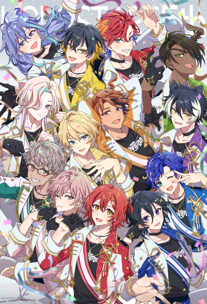 6+boys absurdres animal_ears aragami_oga arurandeisu astel_leda black_choker black_gloves black_hair blonde_hair blue_eyes blue_hair choker collarbone confetti dark-skinned_male dark_skin earrings everyone eyepatch glasses gloves green_eyes grey_hair grin hair_between_eyes hair_over_one_eye hanasaki_miyabi happy heterochromia highres hizaki_gamma holding holostars horns idol_clothes jackal_boy jackal_ears jacket jewelry kageyama_shien kanade_izuru kishido_temma long_hair looking_at_viewer mafia_(holostars) male_focus meroriimu minase_rio multicolored_hair multiple_boys necklace one_eye_closed open_mouth orange_eyes orange_hair pink_hair purple_eyes purple_hair red_hair ribbon rikka_(holostars) shirt short_hair single_horn smile sparkle star_(symbol) streaked_hair streamers upper_body uproar_(holostars) utsugi_uyu v v_over_eye virtual_youtuber yatogami_fuma yellow_eyes yukoku_roberu
