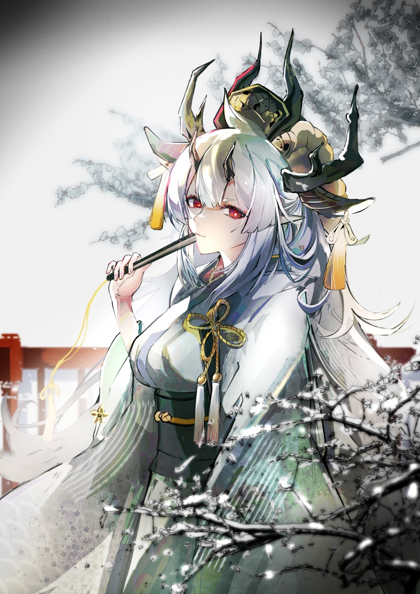1girl absurdres arknights black_horns branch bright_pupils closed_mouth commentary_request fingernails gradient_clothes gradient_kimono green_kimono green_sash hand_fan highres holding holding_fan horns japanese_clothes kimono light_smile long_hair long_sleeves looking_at_viewer matoimaru_(arknights) matoimaru_(frosted_steps)_(arknights) obi official_alternate_costume red_eyes sash seigaiha solo tassel white_hair white_kimono white_pupils wide_sleeves xiyang_xia_de_lang_ke_(sawa)