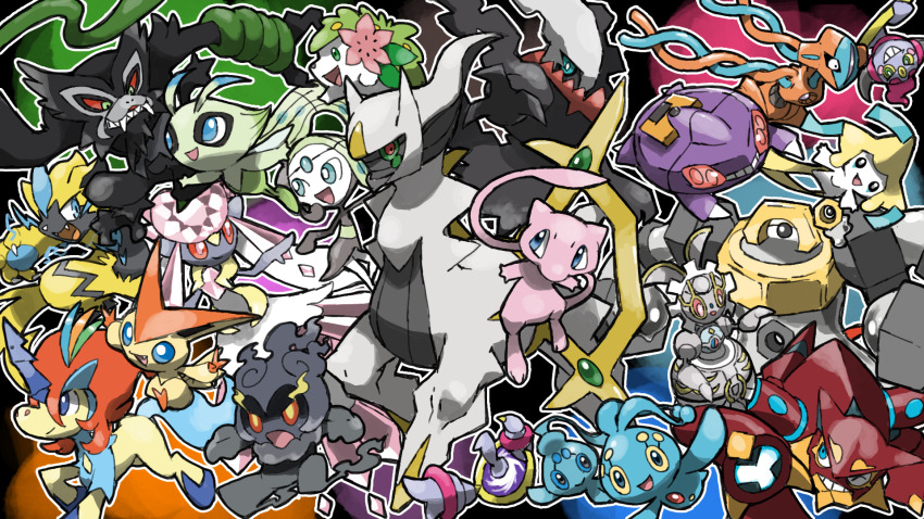 antennae arceus black_sclera blacknirrow blue_eyes blue_sclera celebi claws colored_sclera commentary creatures_(company) darkrai deoxys deoxys_(normal) diancie double_helix double_v electricity english_commentary eyelashes fairy_wings fangs flower game_freak gem gen_1_pokemon gen_2_pokemon gen_3_pokemon gen_4_pokemon gen_5_pokemon gen_6_pokemon gen_7_pokemon gen_8_pokemon genesect green_eyes green_sclera grin highres hoopa hoopa_(confined) horns jirachi keldeo keldeo_(resolute) legendary_pokemon magearna magearna_(normal) manaphy marshadow marshadow_(gloom) mega_diancie mega_pokemon melmetal meloetta meloetta_(aria) meltan mew_(pokemon) mythical_pokemon nintendo no_humans no_sclera nut_(hardware) open_mouth outline phione pink_flower pink_gemstone pokemon pokemon_(creature) portal_(object) rayman_limbs robot shaymin shaymin_(land) single_horn smile tail teeth v v-shaped_eyes victini volcanion white_outline wings yellow_sclera zarude zeraora