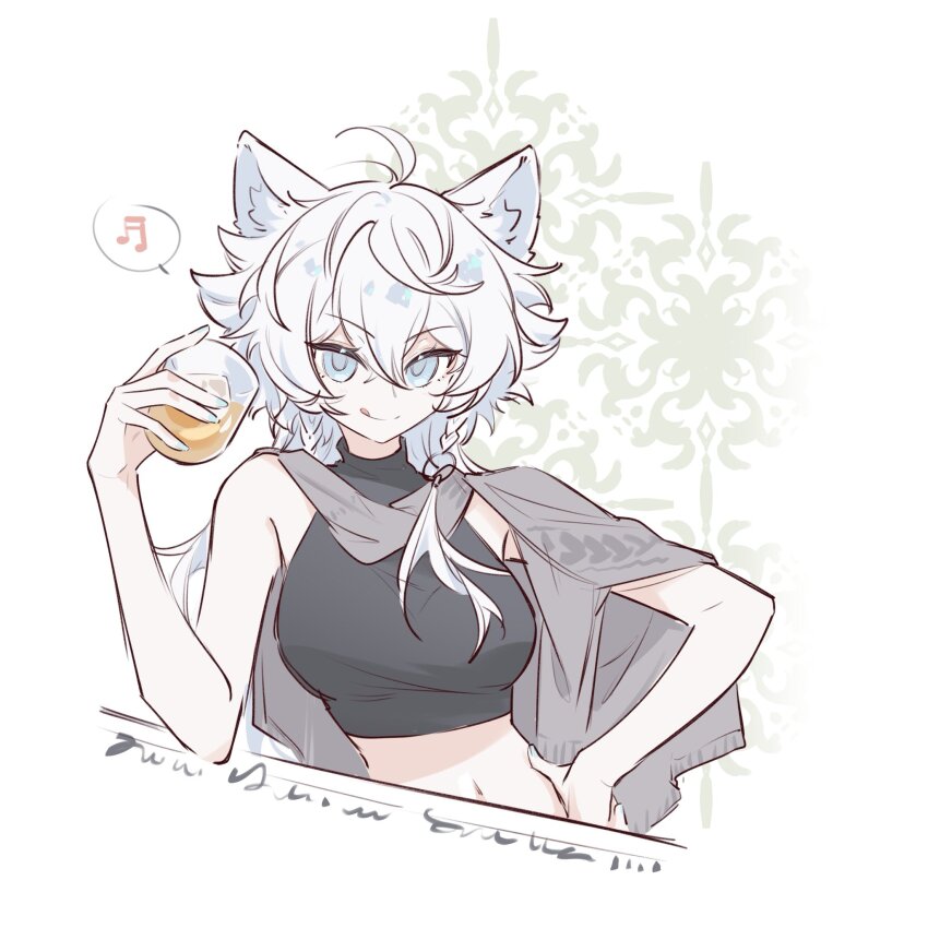 1girl ahoge alternate_costume animal_ears aqua_nails arknights arm_up blue_eyes braid breasts cape chinese_commentary closed_mouth commentary_request crop_top cup grey_cape hair_between_eyes hand_on_own_hip highres holding holding_cup kaleka lappland_(arknights) large_breasts long_hair looking_at_viewer musical_note nail_polish navel sidelocks simple_background single_bare_shoulder solo stomach tongue tongue_out upper_body white_background white_hair wolf_ears wolf_girl