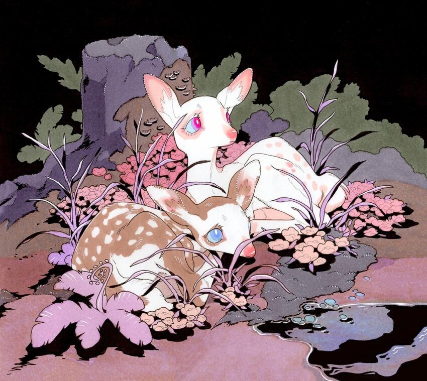 2others animal_focus blue_eyes brown_fur colored_eyelashes deer ears_up fawn fleebites flower grass leaf multiple_others night no_humans on_grass original pink_eyes pink_flower tree_stump water white_eyelashes white_fur