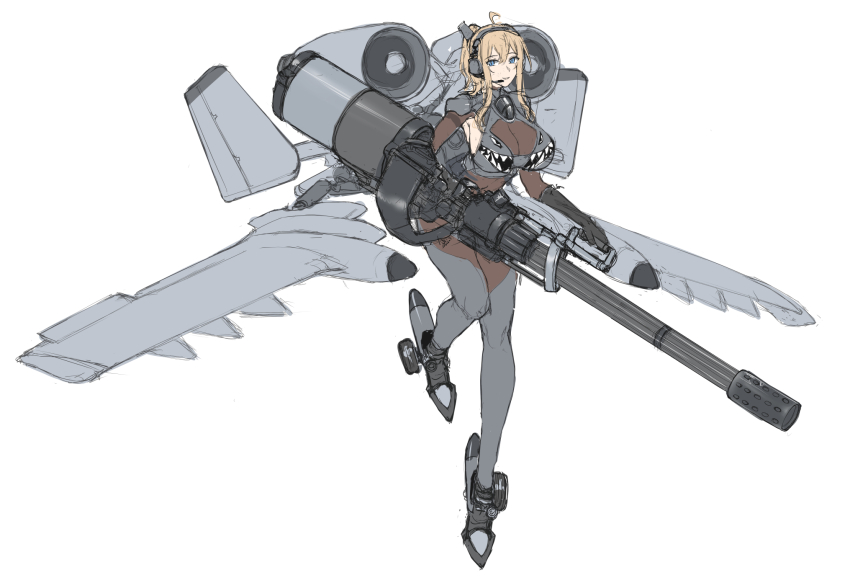 1girl a-10_thunderbolt_ii ahoge ammunition_belt blonde_hair blue_eyes bodysuit breasts cleavage full_body gatling_gun gau-8 gloves highres jet_engine kitsune_udon_(qtsuneudon) large_breasts long_hair looking_at_viewer mecha_musume original personification sidelocks simple_background skin_tight solo standing standing_on_one_leg white_background wings