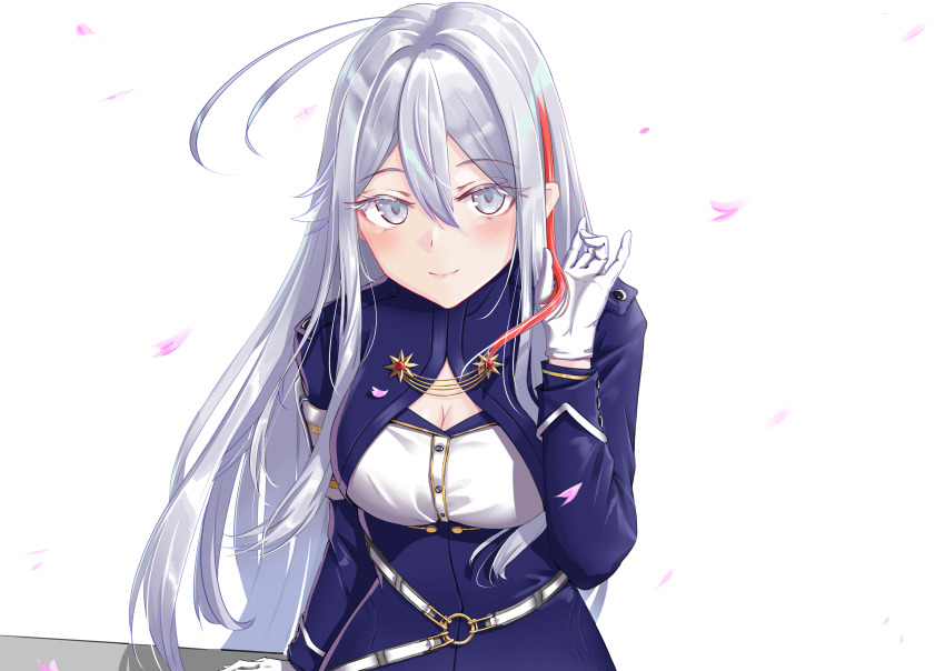1girl 86_-eightysix- absurdres breasts coat eyebrows_hidden_by_hair falling_petals gloves grey_eyes grey_hair hair_between_eyes highres katsuboys long_hair looking_at_viewer military military_uniform petals smile solo upper_body vladilena_millize white_gloves