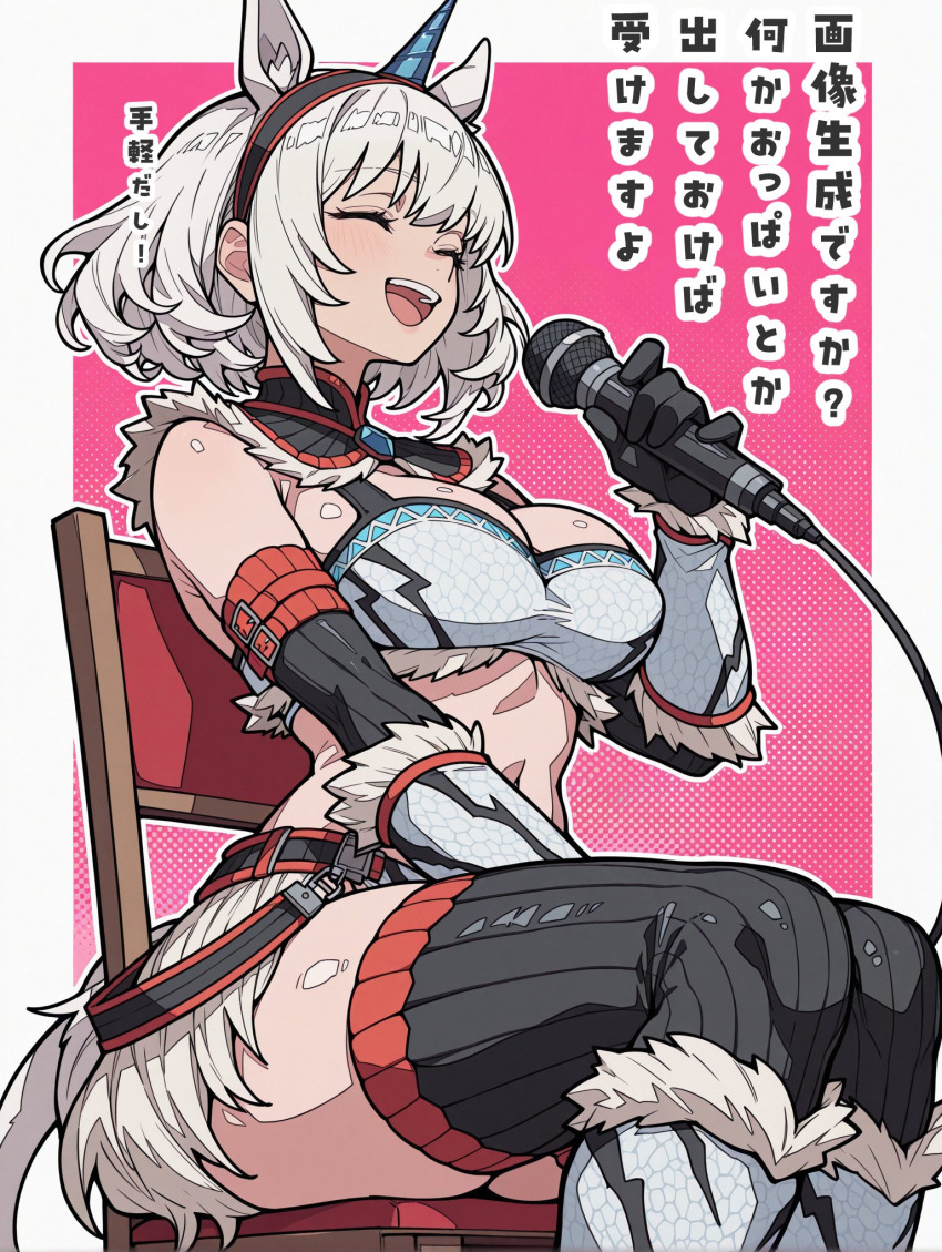 adjusting_clothes adjusting_panties animal_ears armor belt blush breasts chair cleavage gauntlet gloves hair_ornament highres horns inakamonor kirin kirin_(armor) microphone midriff monster_hunter_(series) panties pelvic_curtain sitting sweat tail thighhighs thighs underwear white_hair yellow_eyes