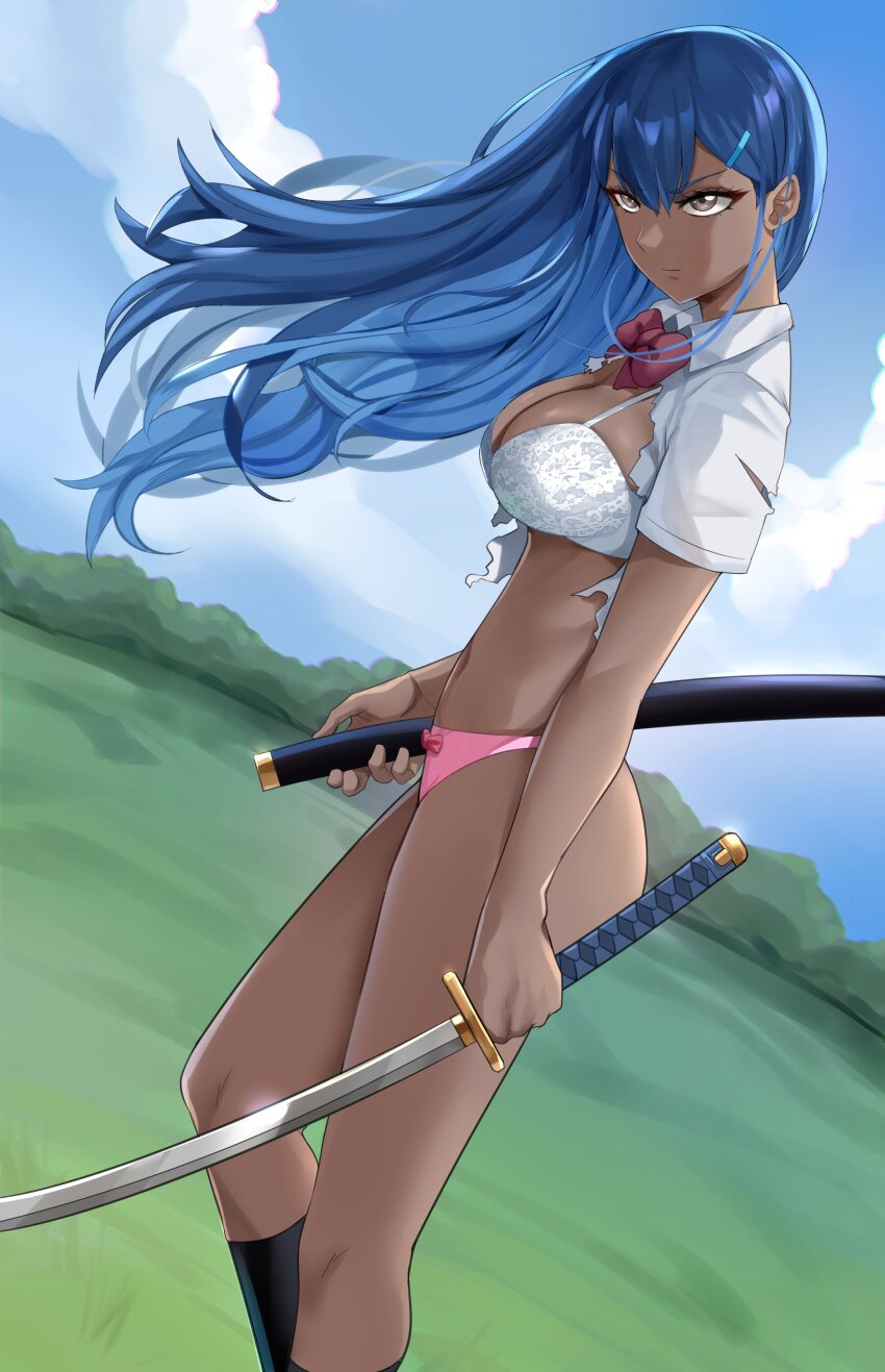 1girl absurdres black_socks blue_hair bow bow_panties bowtie bra commission dark-skinned_female dark_skin floating_hair grey_eyes hair_ornament hairclip highres holding holding_sword holding_weapon katana lace lace_bra no_pants original panties pink_panties scabbard sheath shirt socks solo sword torn_clothes torn_shirt underwear weapon white_bra xkit