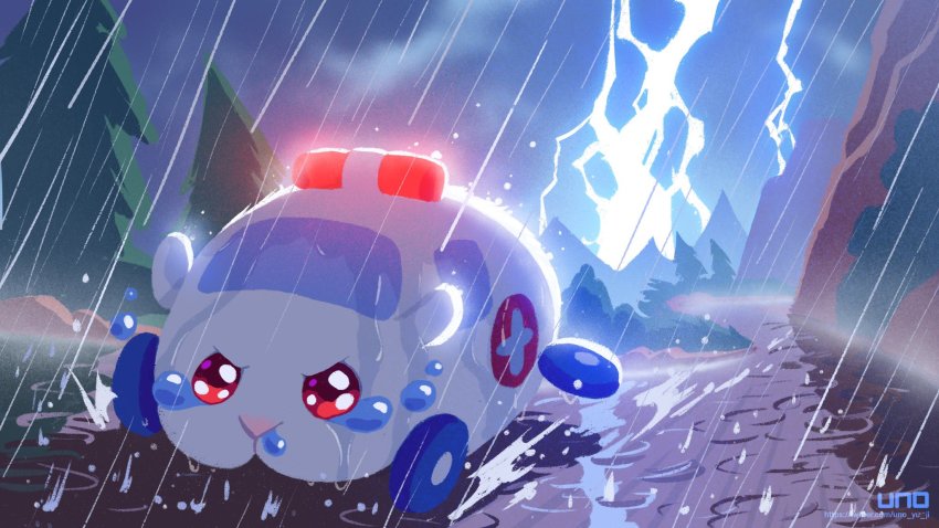 ambulance ambulance_molcar cliff cross greek_cross highres molcar pine_tree puddle pui_pui_molcar rain red_cross storm tearing_up thunder tree uno_yuuji water_drop wet what