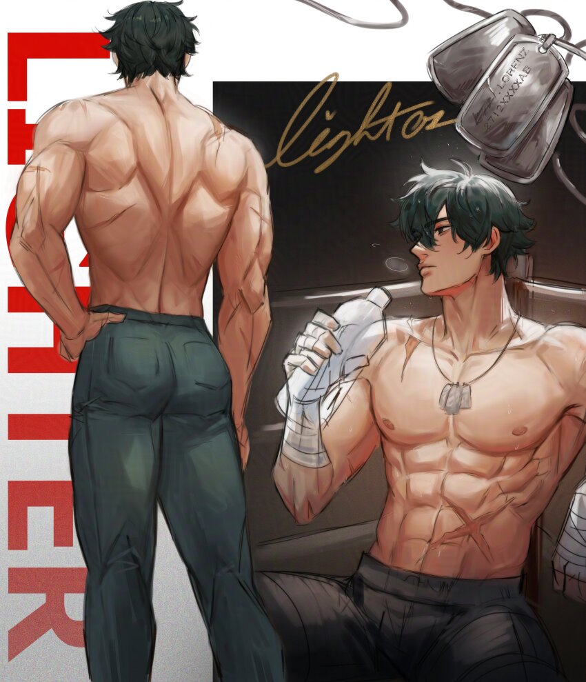 1boy abs absurdres back bandaged_hand bandages black_hair black_pants character_name character_signature closed_mouth hair_between_eyes hair_over_one_eye highres jewelry lighter_(zenless_zone_zero) male_focus multiple_views muscular muscular_male necklace nipples nokkusuart pants scar scar_on_arm scar_on_back scar_on_shoulder scar_on_stomach short_hair white_background zenless_zone_zero