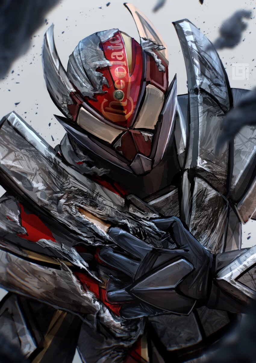 1boy absurdres armor brown_armor chocodon_gochizou chocolate full_armor gloves helmet highres kamen_rider kamen_rider_gavv_(series) kamen_rider_valen kozsen_810290 looking_at_viewer male_focus red_armor ripping solo upper_body