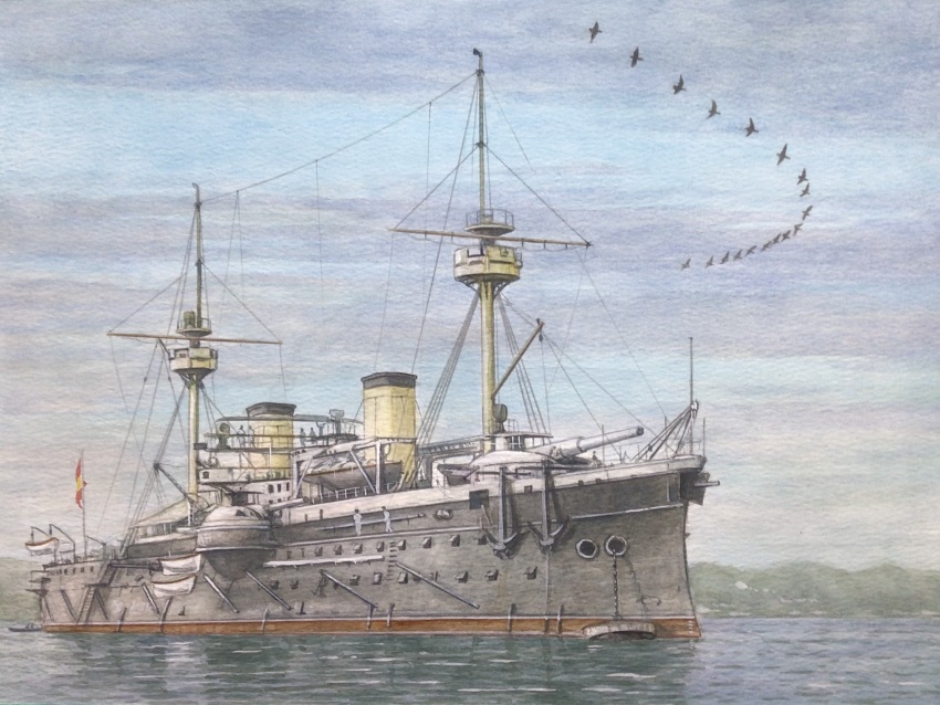 anchor atelier_bono bird cannon cruiser flag highres mast military_vehicle mountainous_horizon ocean original painting_(medium) pelayo_(armored_cruiser) ship ship_turret smokestack spanish_navy traditional_media vehicle_focus warship water watercolor_(medium) watercraft