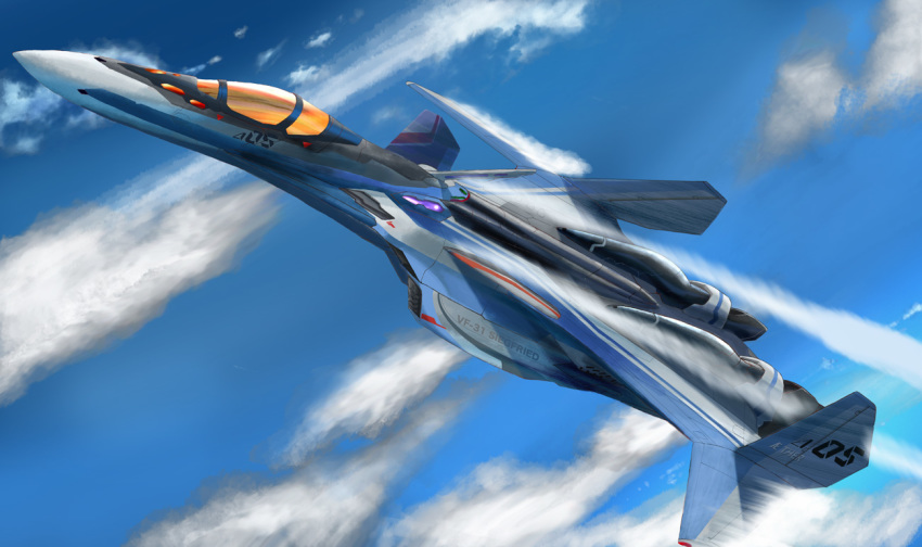 10s aircraft airplane canards cloud contrail day flying i.t.o_daynamics macross macross_delta mecha realistic robot science_fiction variable_fighter vehicle_focus vf-31 vf-31j