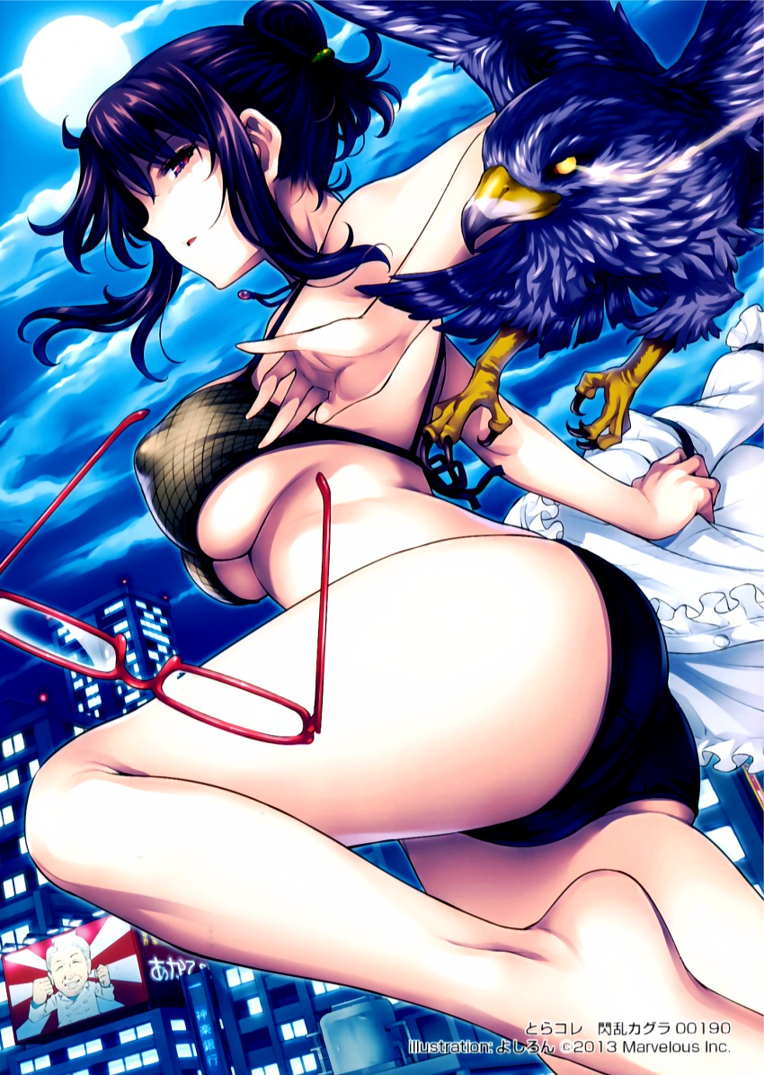 10s 1girl ass bare_legs barefoot bird black_bra blue_hair bra breasts bursting_breasts cityscape covered_erect_nipples falcon full_moon glasses hair_bun highres large_breasts moon night night_sky red_eyes rin_(senran_kagura) senran_kagura shirt sidelocks single_hair_bun sky toranoana underboob underwear underwear_only unworn_eyewear unworn_shirt yoshiron