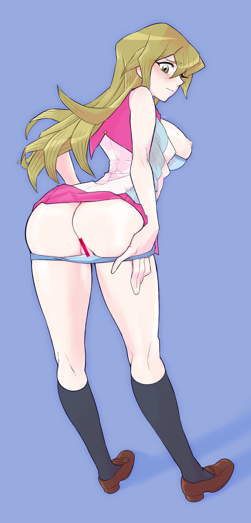 1girl absurdres anus anus_peek artist_request ass ass_focus atenah bare_legs blonde_hair blouse blue_background blush breasts breasts_out brown_eyes censored cleft_of_venus clothes_pull clothing_aside cosplay embarrassed full_body highres huge_ass kneehighs kneepits large_breasts long_hair looking_back miniskirt mizuki_kotori_(yu-gi-oh!)_(cosplay) nipples panties panties_aside pants pants_pull pussy shiny_skin shirt shoes simple_background skirt sleeveless sleeveless_shirt socks solo tenjouin_asuka underwear yu-gi-oh! yu-gi-oh!_gx yuu-gi-ou yuu-gi-ou_zexal