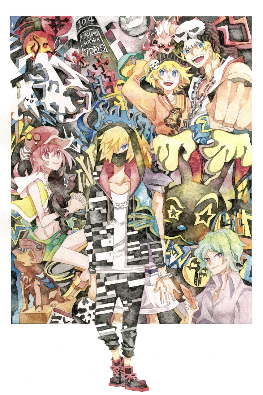 2girls 3boys absurdres animal animal_on_head badge bito_daisukenojo bito_raimu blonde_hair blue_eyes button_badge cellphone chain clenched_hand colored_pencil_(medium) foreshortening graffiti green_shorts hair_over_one_eye hat highres jewelry junko_(yasuyoyasuyo) kiryu_yoshiya misaki_shiki multiple_boys multiple_girls navel necklace nyantan on_head own_hands_together painting_(medium) phone pink_eyes purple_eyes shin_subarashiki_kono_sekai shirt shorts skullcap subarashiki_kono_sekai traditional_media watercolor_(medium) white_shirt wristband