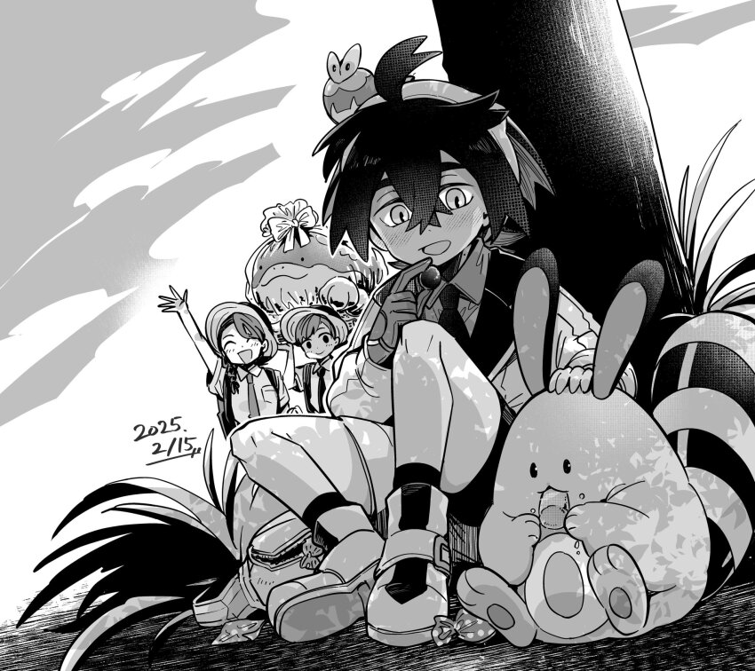 1girl 2boys apple arm_up bag blush candy clodsire closed_eyes collared_shirt commentary_request crossed_bangs dated eating florian_(pokemon) food fruit gen_2_pokemon gloves greyscale hair_between_eyes hairband hat highres holding holding_food jacket juliana_(pokemon) kieran_(pokemon) long_sleeves male_focus mole mole_on_neck monochrome multiple_boys nintendo open_mouth pokemon pokemon_sv sentret shirt shoes shorts single_glove sitting socks str_nj424 tree