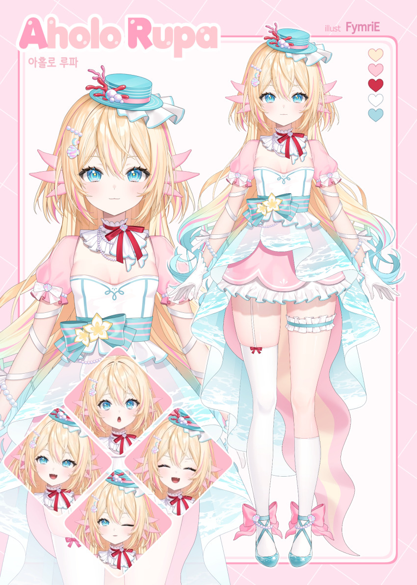 1girl aholo_rupa asymmetrical_legwear blonde_hair blue_eyes blue_hat breasts detached_sleeves dress frilled_thigh_strap full_body fymrie garter_straps gradient_hair hat highres indie_virtual_youtuber long_hair looking_at_viewer multicolored_hair multiple_expressions multiple_views reference_sheet see-through_clothes see-through_sleeves shoes short_dress short_sleeves single_garter_strap small_breasts socks standing strapless strapless_dress thigh_strap thighhighs thighs top_hat very_long_hair virtual_youtuber white_dress white_socks white_thighhighs