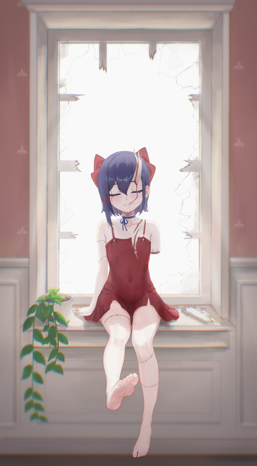 1girl absurdres amputee barefoot blue_hair blue_ribbon bow broken_window choker closed_eyes closed_mouth commentary_request dress hair_bow highres long_hair long_long_life miside mita_(miside) plant potted_plant red_bow red_dress ribbon ribbon_choker scar scar_across_eye scar_on_arm scar_on_chest scar_on_face scar_on_leg sitting smile solo tiny_mita_(miside) toes very_long_hair wallpaper_(object) window