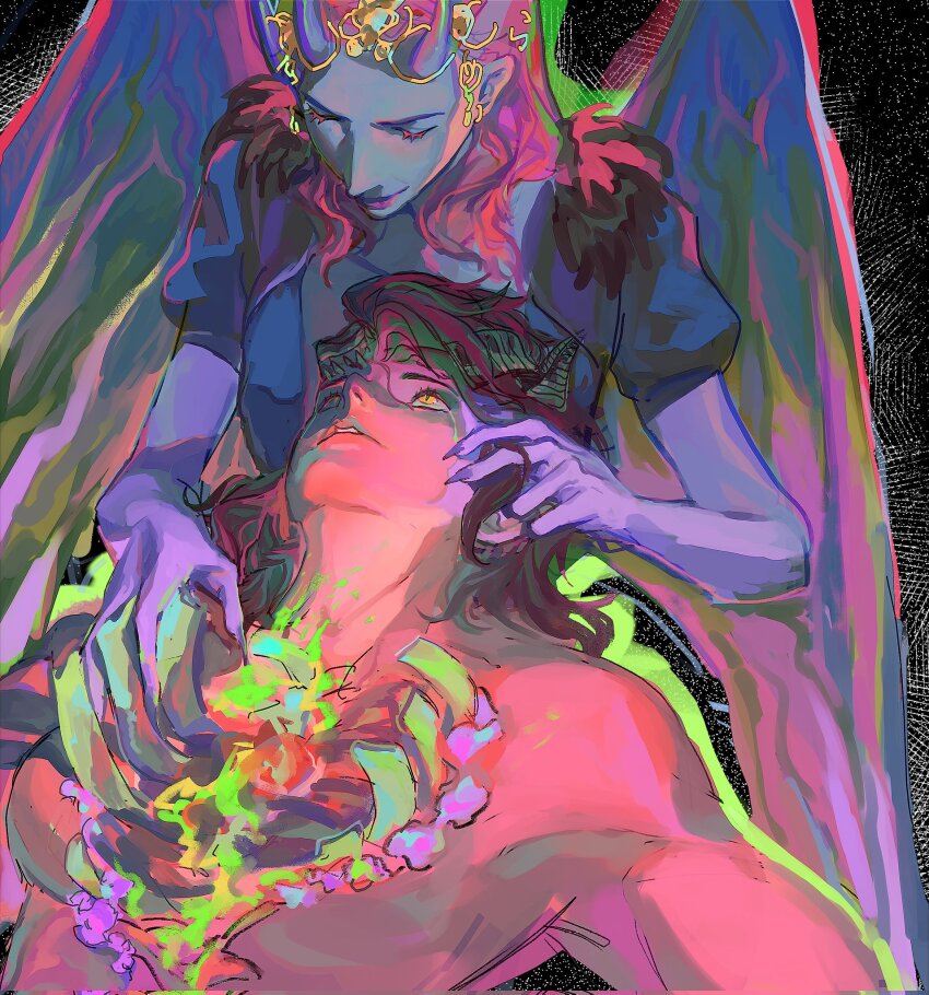 2girls baldur&#039;s_gate baldur&#039;s_gate_3 black_hair blue_skin broken_horn closed_eyes colored_skin corrupted_twitter_file crying crying_with_eyes_open demon_girl demon_horns demon_wings dungeons_&amp;_dragons exposed_bone exposed_heart fingernails hand_in_another&#039;s_hair hand_on_another&#039;s_face highres horns karlach looking_up lying mashu_(mellalala2022) medium_hair mizora_(baldur&#039;s_gate) multiple_girls on_back pink_hair red_skin ribs sharp_fingernails smile tears tiefling upper_body wings yellow_eyes