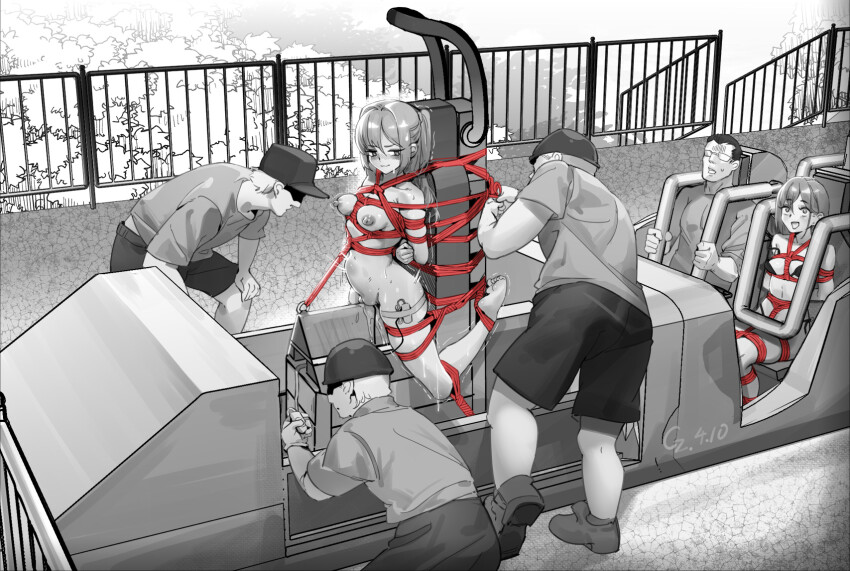 2girls 5boys :d arms_behind_back barefoot baseball_cap bdsm bondage bound bound_ankles bound_arms bound_legs breasts chen_zi clothed_male_nude_female commentary_request completely_nude feet fence glasses gloves hat helmet highres monochrome multiple_boys multiple_girls nipples nude object_insertion open_mouth original outdoors ponytail pussy_juice remote_control_vibrator roller_coaster rope sex_toy shaded_face shibari shirt shorts smile spot_color stomach_bulge sweat t-shirt toes trembling tying vibrator vibrator_in_thigh_strap wooden_horse