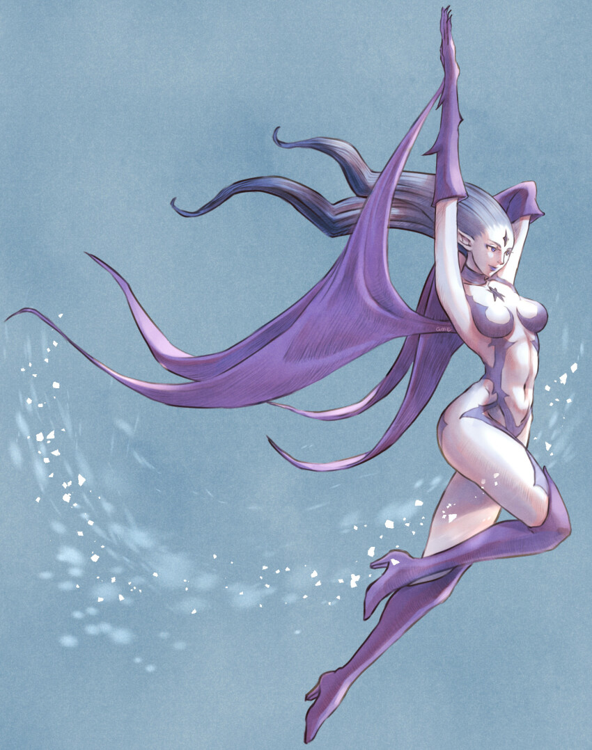 1girl arm_behind_head arms_up artist_name blue_background blue_eyeliner blue_hair blue_lips boots breasts cactus41747280 closed_mouth elbow_gloves eyeliner final_fantasy final_fantasy_xi full_body gloves hair_slicked_back high_heel_boots high_heels highres knee_boots light_blue_hair long_hair makeup medium_breasts midriff navel purple_boots purple_gloves shiva_(final_fantasy) smile solo
