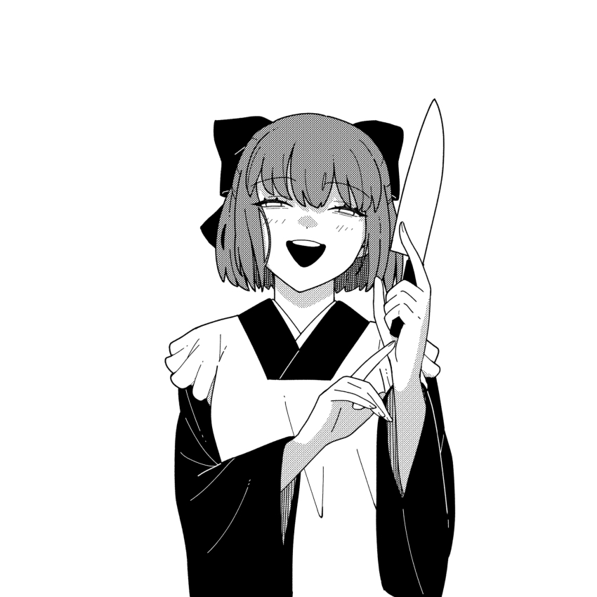 1girl apron blush bow hair_bow hashikko69 highres holding holding_weapon japanese_clothes kimono kitchen_knife knife kohaku_(tsukihime) looking_at_viewer maid monochrome open_mouth short_hair smile solo tsukihime tsukihime_(remake) weapon