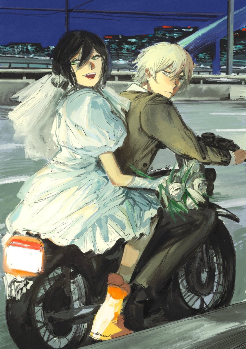 1boy 1girl black_hair blonde_hair bouquet bridal_veil chainsaw_man city city_lights cityscape denji_(chainsaw_man) dress driving flower green_eyes green_jacket hair_between_eyes hair_bun hands_on_another&#039;s_waist highres holding holding_bouquet jacket looking_at_viewer looking_back monotone_ink motor_vehicle motorcycle night night_sky on_motorcycle outdoors power_lines puffy_sleeves reze_(chainsaw_man) riding road short_hair single_hair_bun sky smile veil wedding_dress yellow_eyes