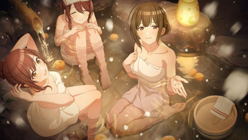 3girls alstroemeria_(idolmaster) breasts brown_eyes brown_hair cleavage closed_eyes feet food fruit game_cg idolmaster idolmaster_shiny_colors kuwayama_chiyuki lantern multiple_girls naked_towel official_art orange_eyes osaki_amana osaki_tenka partially_submerged pouring red_hair rock sitting snowing toes towel water