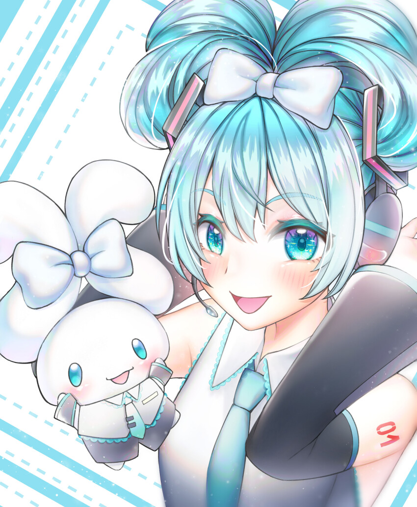 1girl :d absurdres aqua_hair aqua_necktie black_sleeves blue_eyes blush bow cinnamiku cinnamoroll detached_sleeves ear_bow folded_twintails hair_bow hands_up hatsune_miku highres looking_at_viewer necktie number_tattoo open_mouth ri_ji_ni shirt smile tattoo tied_ears updo upper_body vocaloid