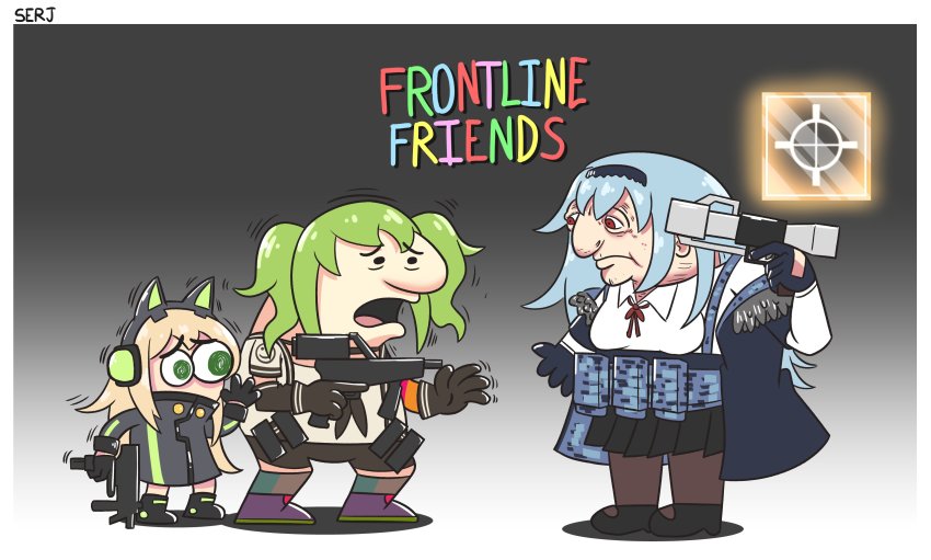 3girls absurdres ammunition_pouch animal_ear_headphones animal_ears artist_name b&amp;t_mp9 blonde_hair blue_hair calico_light_weapons_systems calico_m950 calico_m950a cat_ear_headphones cheek_pistol double-stack_magazine fake_animal_ears full_body fur-trimmed_jacket fur_trim girls&#039;_frontline gloves gradient_background green_eyes green_hair gun gun_to_head hairband handgun headphones helical_magazine high-capacity_magazine highres holding holding_gun holding_weapon jacket long_hair m950a_(girls&#039;_frontline) machine_gun machine_pistol multiple_girls off_shoulder open_mouth parody personal_defense_weapon pistol pouch prototype_design red_eyes rifle-caliber_handgun rifle-caliber_pistol serjatronic skorpion_vz._61 smiling_friends steyr_arms stubby_grip submachine_gun thunder_(girls&#039;_frontline) tmp_(girls&#039;_frontline) trigger_discipline triple_action triple_action_thunder vertical_forward_grip weapon