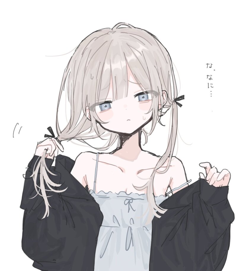 1girl bare_shoulders black_jacket blonde_hair camisole closed_mouth collarbone grey_eyes highres holding holding_own_hair jacket long_hair long_sleeves looking_at_viewer off_shoulder open_clothes open_jacket original simple_background solo spaghetti_strap sweat twintails untying_hair upper_body uzu_(uzu_xon) white_background
