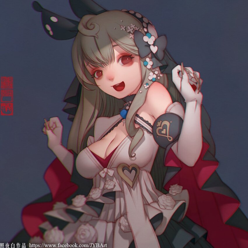 1girl ahoge bare_shoulders black_sleeves breasts cleavage dress elbow_gloves facebook_username frilled_dress frills gloves grey_hair hair_ornament hairband large_breasts long_hair looking_at_viewer nijisanji nijisanji_en official_alternate_costume open_mouth red_eyes red_sleeves reimu_endou round_teeth smile solo teeth upper_teeth_only virtual_youtuber white_dress white_gloves zhaoyebai